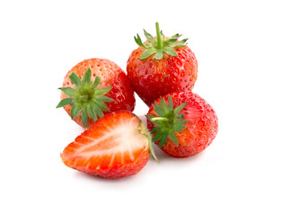 Two strawberries close up on white background.