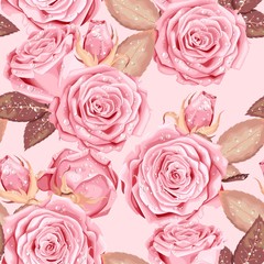 Vintage vector seamless pattern with pink roses - obrazy, fototapety, plakaty