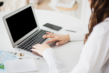 Fototapeta premium Girl working on laptop, Manager, freelancer, Internet use