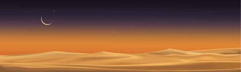 Desert landscape with sand dunes with crescent moon and star at dark night for banner or background in ramadon, vector illusion Minimalist panoramic realistic cartoon of nature, sand with the moon.