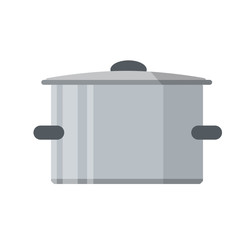Pan. Grey steel cookware. Big utensil with lid for boiling broth and porridge on blue gas fire. Flat Kitchen element and soup preparation.