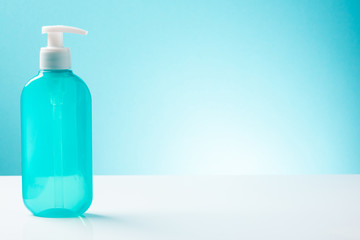 Hand Satinizer Gel For Hand Hygiene. Coronavirus Convid-19 Pandemic Outbreak. Copy Space Background