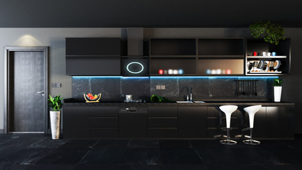 black kitchen design with dark interior concept decor idea