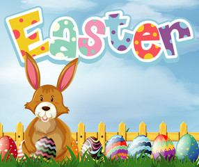 Happy Easter font design with bunny and eggs in the garden