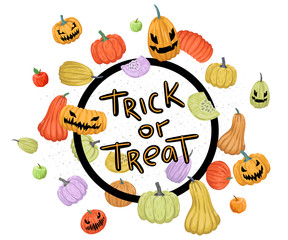 Round frame with pumpkins, decor for Halloween. Lettering Trick or treat. Vector illustration