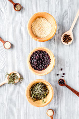 Flat lay herb and spices on rustic kitchen background