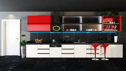 Red and black kitchen design with dark interior concept decor idea