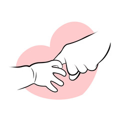 baby hand holding elderly hand fingers over pink heart shape drawing