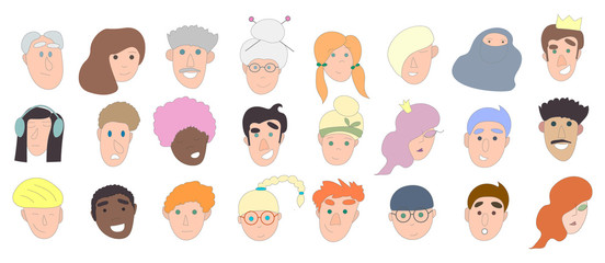 Hand drawn vector set of 24 characters of different sex, age and ethnic group.