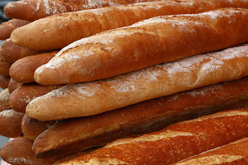 Fresh French baguette bread on retail display