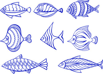 Blue fish. Hand drawing set vector drawing.