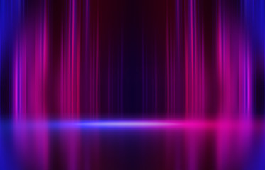 Background empty show scene. Ultraviolet dark abstract background. Geometric neon shapes, neon glow, blue and pink lighting