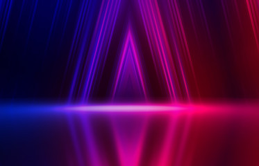 Background empty show scene. Ultraviolet dark abstract background. Geometric neon shapes, neon glow, blue and pink lighting