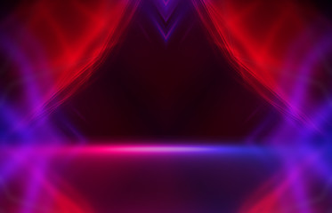 Background empty show scene. Ultraviolet dark abstract background. Geometric neon shapes, neon glow, blue and pink lighting