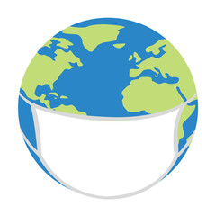 Planet earth wearing a medical mask. Flat vector illustration isolated on white background.