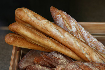 Fresh French baguette bread on retail display