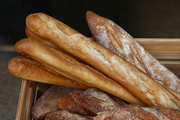 Fresh French baguette bread on retail display