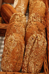Close up fresh bread loaves on retail display