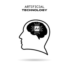 Artificial Intelligence icon vector. Human head with brain and chip symbol illustration, black and white color