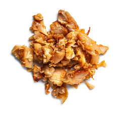 Sliced ​​fried chicken fillet for salad and toppings. Close-up. View from above. Isolated, white background.