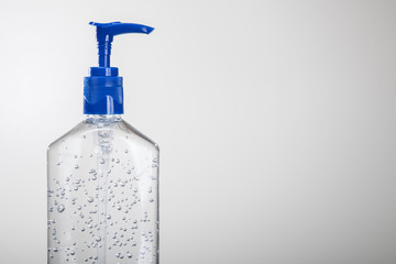 Hand sanitizer. Antibacterial gel for disinfecting hands. Protection from coronavirus or covid-19 Viruses and bacteria. Sanitizer bottle with pump. White background. 