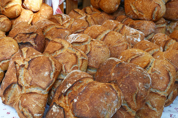 Close up fresh bread loaves on retail display