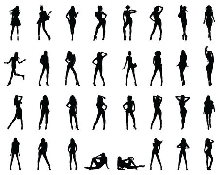 Black silhouettes of beautiful girls in various poses on a white background