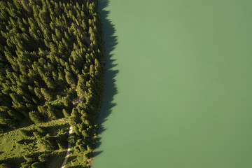 Top view of waterside of lake shore with forest
