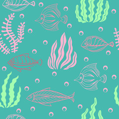 Fototapeta na wymiar Hand drawing seamless vector drawing of seaweed. Pattern with fish and seaweed on a blue background for printing fabric, textile.