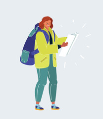 Woman with map in her hands and backpack on white background