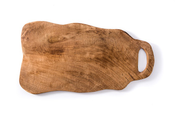 Empty rustic cutting board isolated on white background. Top view