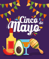 cinco de mayo poster with cocktail and icons decoration vector illustration design