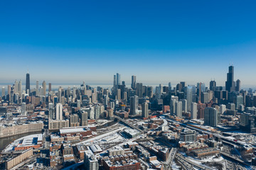 Aerial view of Chicago downtown during winter