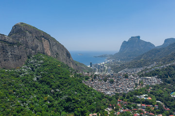 Aerial view of favelas near Sao Conrado in Rio de Janeiro Brazil