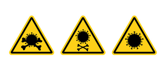 Coronavirus warning sign in a triangle. Virus concept. Coronavirus (2019-nCoV). Virus Covid 19-NCP. Virus cells