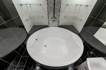 Russia, Moscow- November 20, 2019: interior room apartment modern bright cozy atmosphere. modern bathroom, sink, decoration elements, toilet