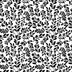 Black paint branches with leaves vector seamless pattern. Grunge dry brush stroke texture. Ink illustration.