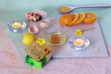 Soap, burning candles, ingredients for mask and body care, home relaxation, spa, hygiene, natural cosmetics, healthy lifestyle