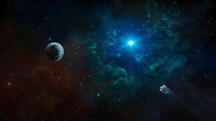 Space background. Asteroid fly to planet in colorful nebula and stars. Elements furnished by NASA. 3D rendering