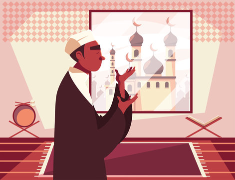 man muslim praying in mosque, ramadan kareem