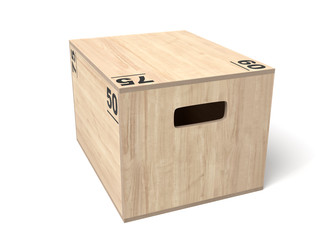 3d rendering of light brown crossfit box with black size markers and handle holes, standing on white background.