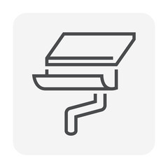 Halfline style gutter vector icon. Also call rain gutter or eavestrough. Include roof, downpipe or downspout and pipeline for water discharge and drainage system to protect building from rainwater.