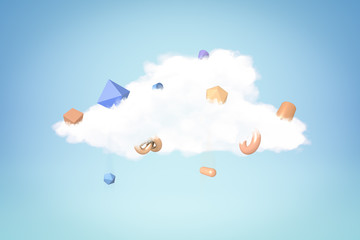 3d rendering of random geometric objects on white cloud on blue background