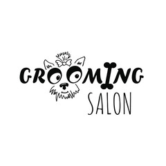 Funny logotype for dog styling and grooming salon, pet store signboard,  web site design. Horizontal vector illustration isolated on white background.