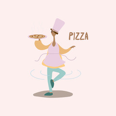 Illustration of a creative profession chef. World cuisines, italian pizza, chef with pizza. Travel vector illustration for web sites.