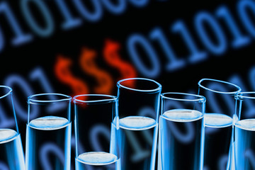 Covid-19 corona virus financial crisis. Dollar currency rate. Money symbol binary code. Laboratory test tube background. Global disease money problem. Technology and science computer screen texture.