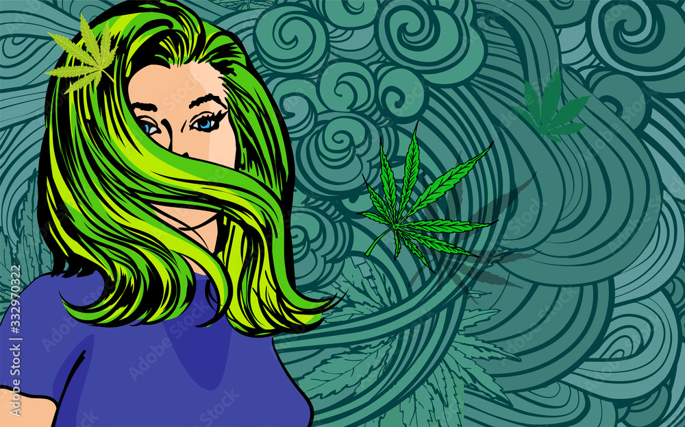 Wall mural pretty woman hair style, vector doodle. cannabis leaf and styled drawn smoke on background