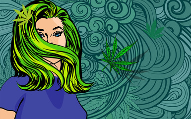 Obraz na płótnie Canvas Pretty woman hair style, vector doodle. Cannabis leaf and styled drawn smoke on background