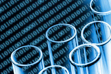 Covid-19 corona virus global crisis. Binary code computer screen virus. Internet security texture. Laboratory test tube. Disease spread all over the world. Blue color vaccine research background.