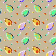 Holiday in quarantine. Happy easter eggs seamless pattern drawn with the pattern of caronovirus infection Coronavirus flu infection. Patterns of toxicity, tablets, capsules, bacteria.